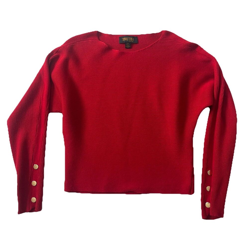 TRUTH BY REPUBLIC Womens Small Red Pullover Sweater Ribbed Gold Sleeve Buttons